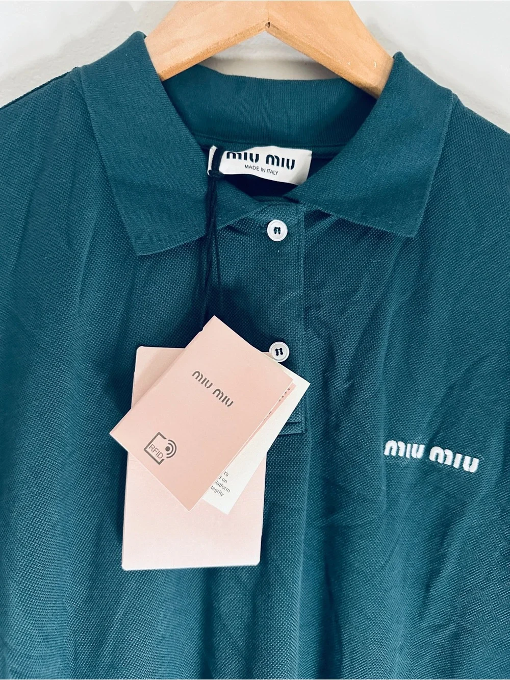 Miu Miu Men's Oversized Pique Long Sleeve Green Polo Shirt Size L 100% Authentic